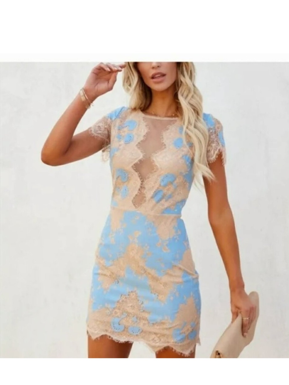 Storia Light Blue & Cream Lace Deep V Dress Size S